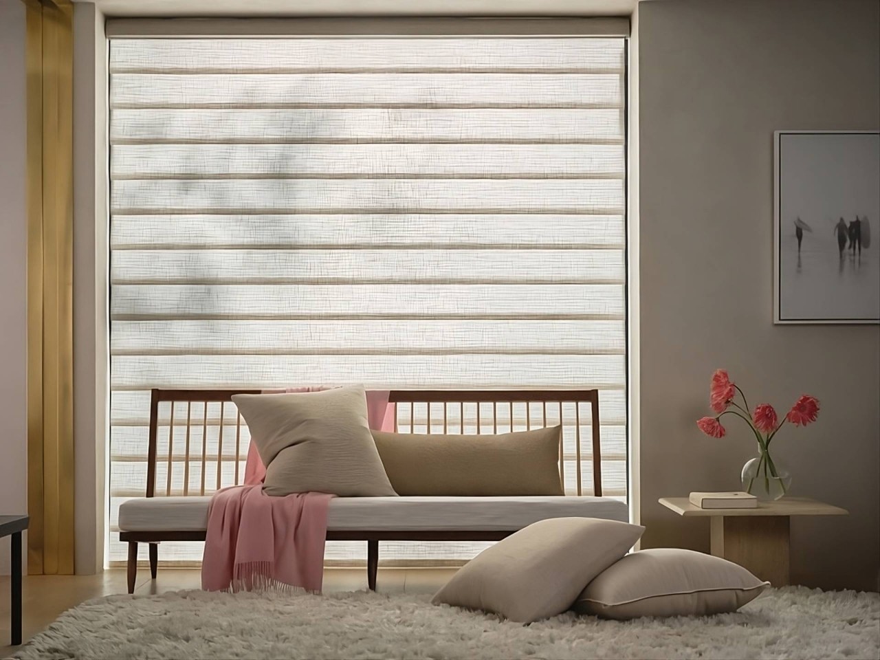 Hunter Douglas Vignette® Roman Shades in a contemporary living space with a sofa bench and pillows near Cambridge, Maryland (MD)