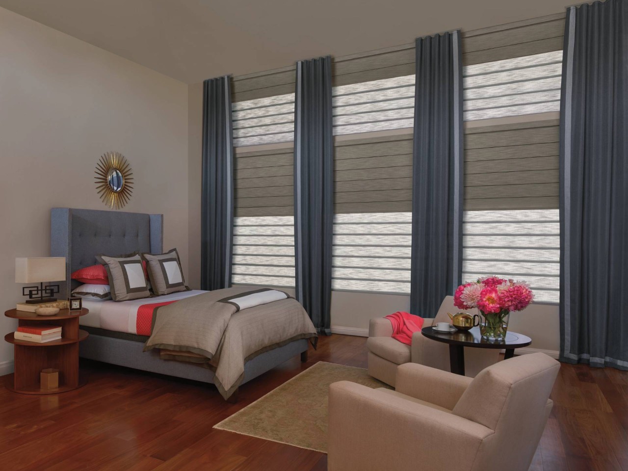 Elegant home bedroom, lushly decorated, with windows covered with Hunter Douglas Vignette® Roman Shades at Hubbard’s Custom Blinds near Cambridge, MD